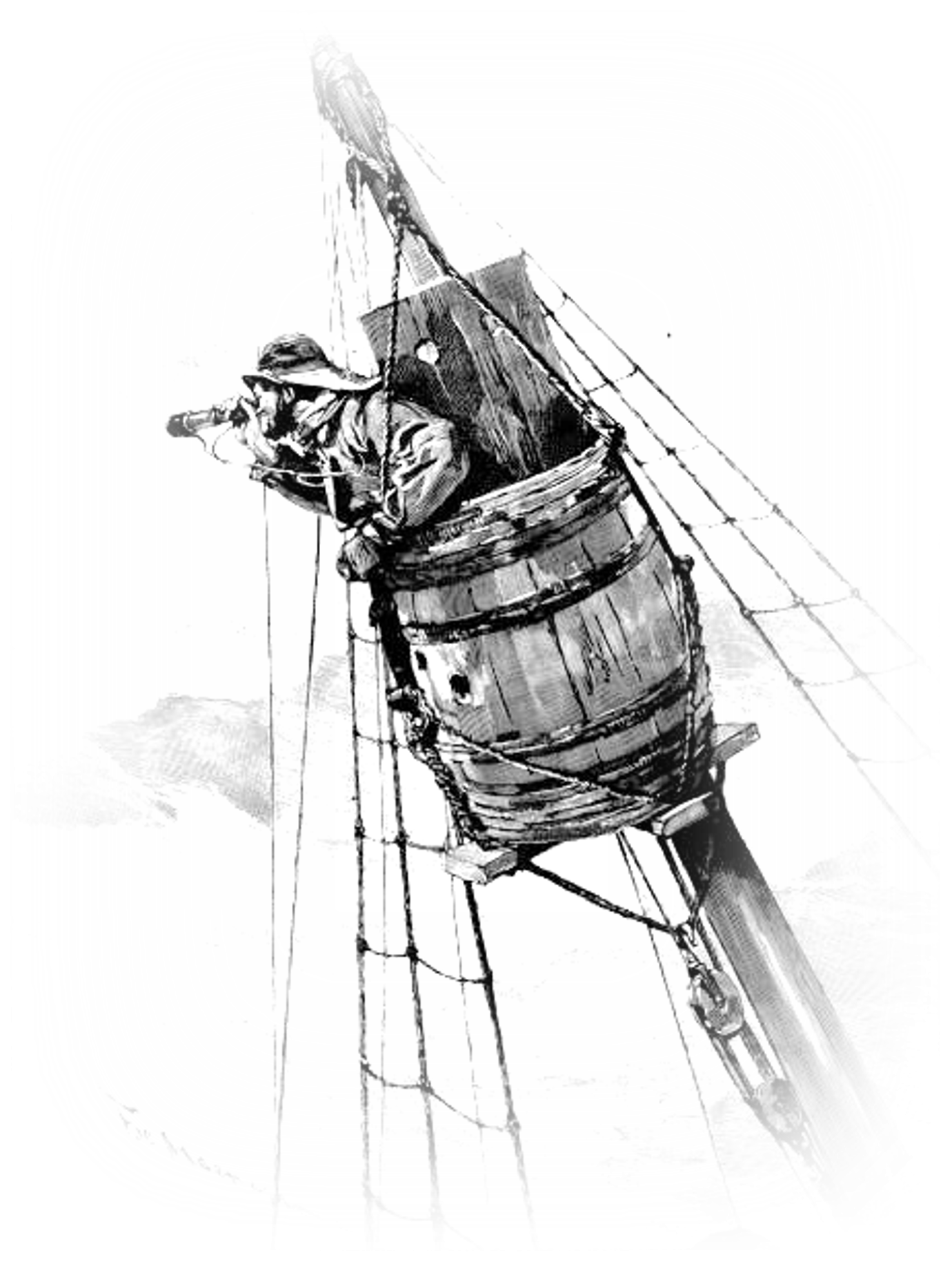 Engraving of a lookout in a ship's crow's-nest, scanning the horizon through a spyglass.